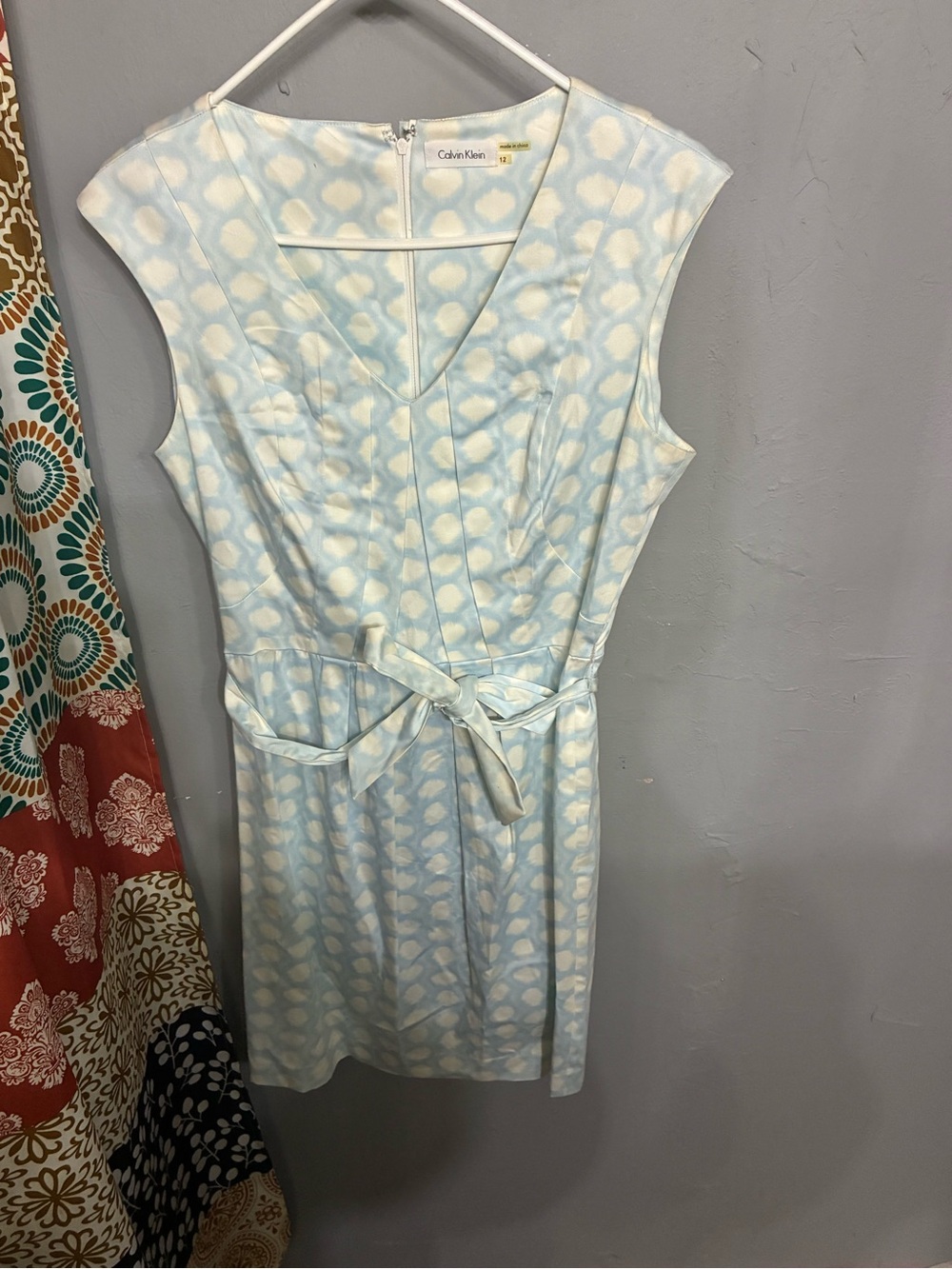 Calvin Klein Light Blue and White Polka Dot Tie-Waist Sheath Dress